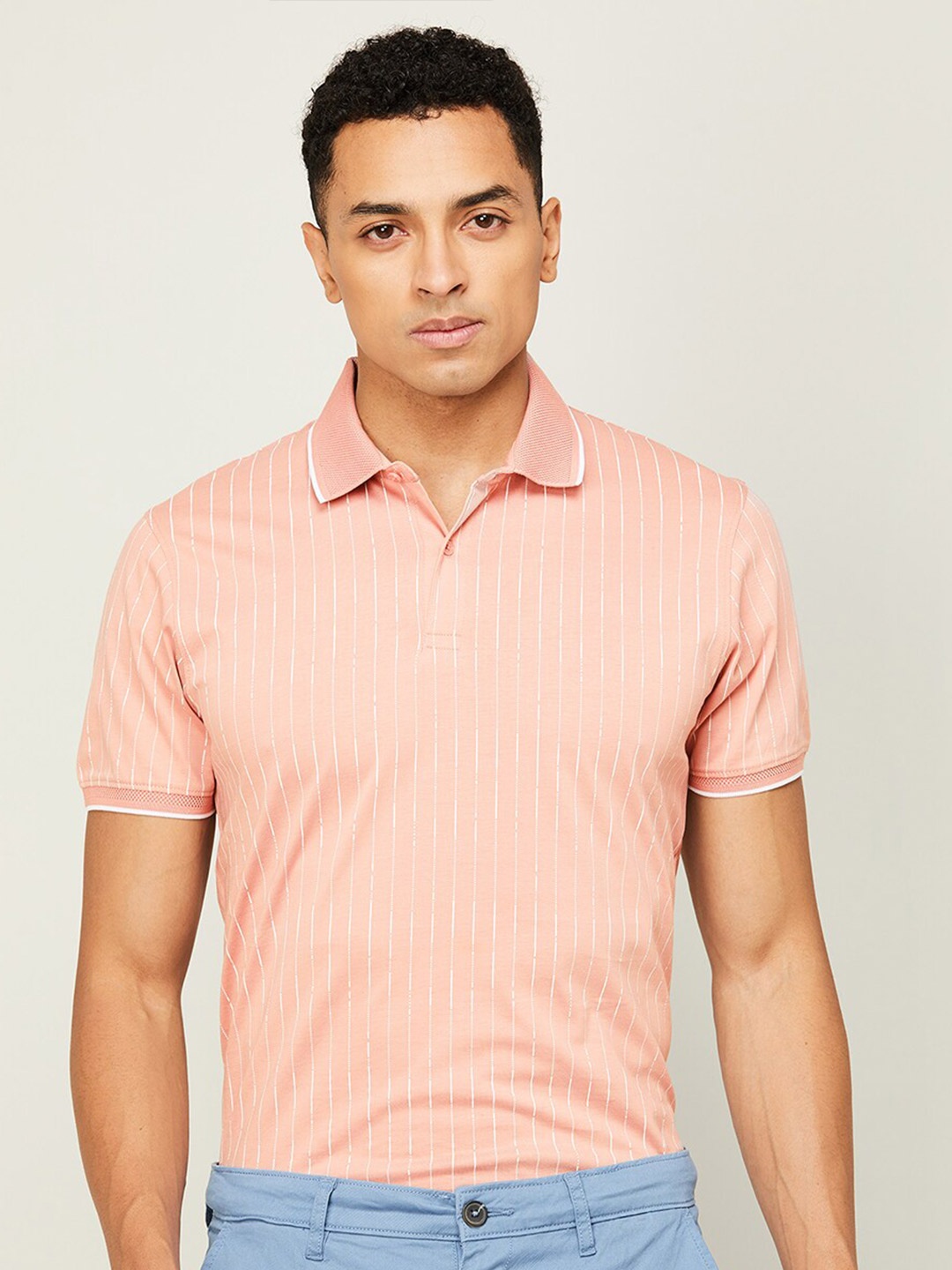 

CODE by Lifestyle Striped Polo Collar Cotton T-shirt, Peach
