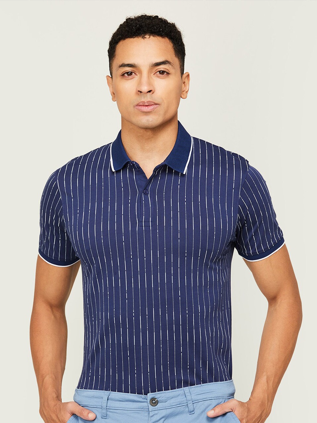 

CODE by Lifestyle Striped Polo Collar Cotton T-shirt, Navy blue