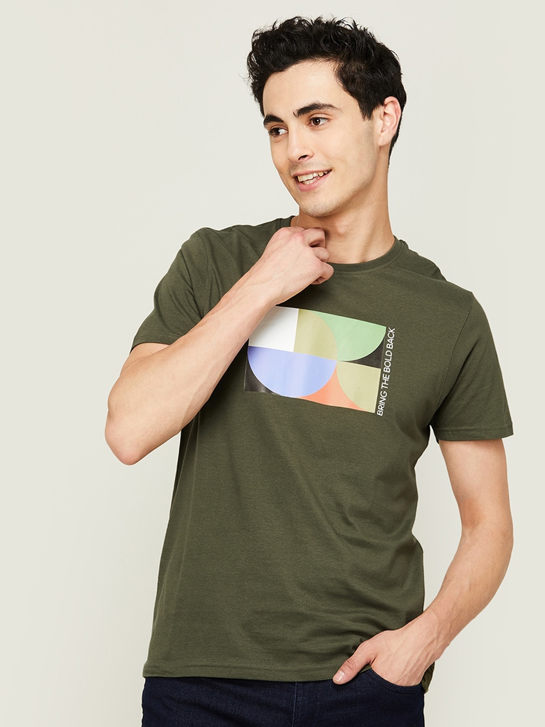 

Fame Forever by Lifestyle Geometric Printed Cotton T-shirt, Olive