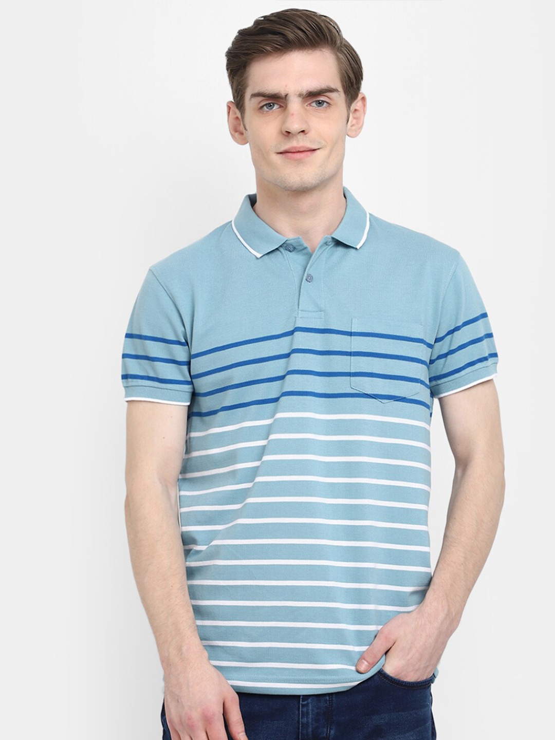 

V-Mart Striped Poo Collar Cotton T-shirt, Blue