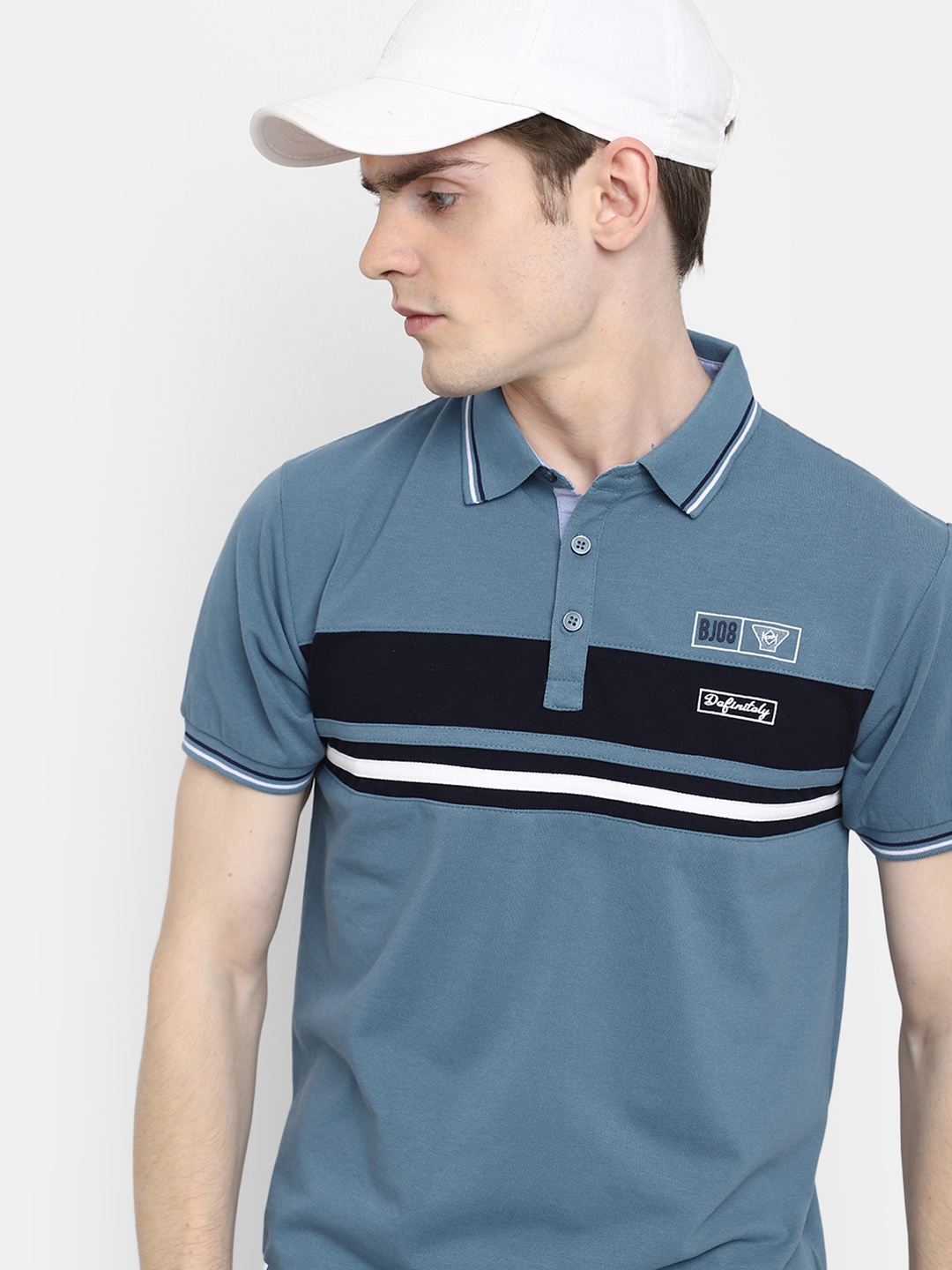 

V-Mart Colourblocked Polo Collar Cotton T-shirt, Blue