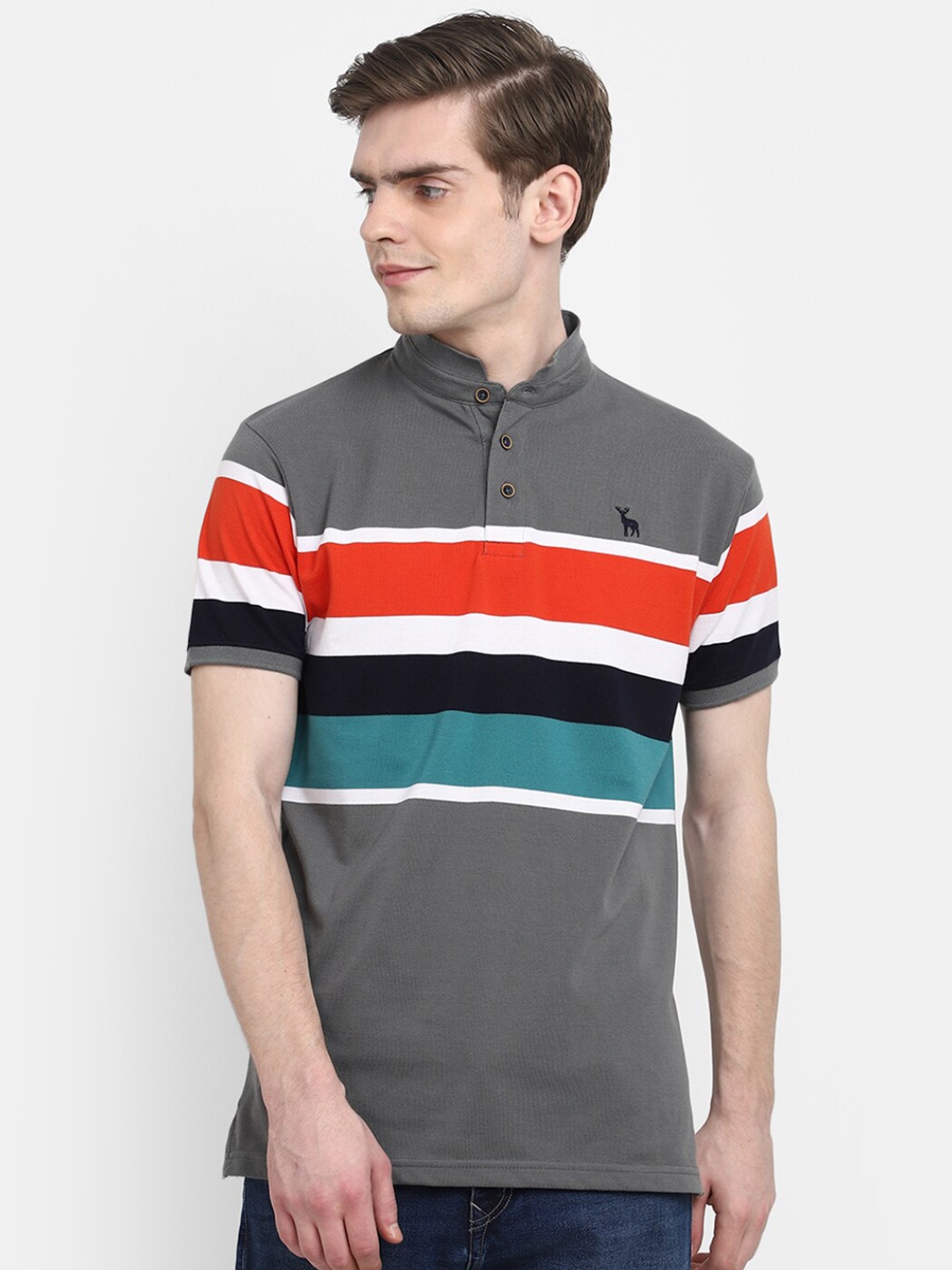 

V-Mart Striped Mandarin Collar Cotton T-shirt, Grey