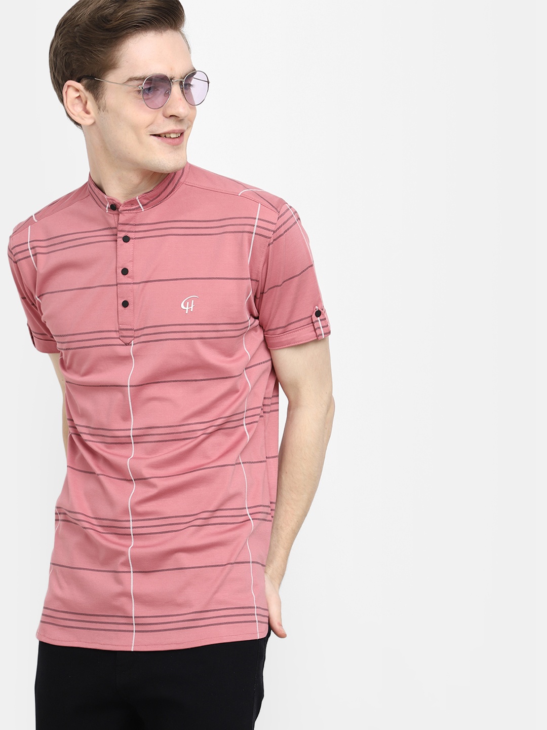 

V-Mart Striped Mandarin Collar Cotton T-shirt, Pink