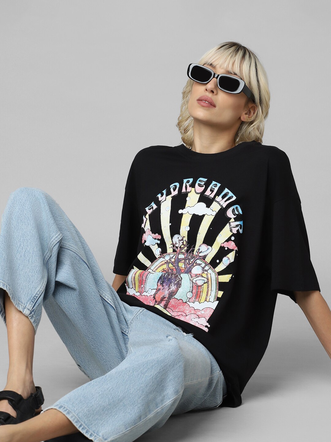 

ONLY Printed Drop-Shoulder Sleeves Loose Knitted Cotton T-shirt, Black