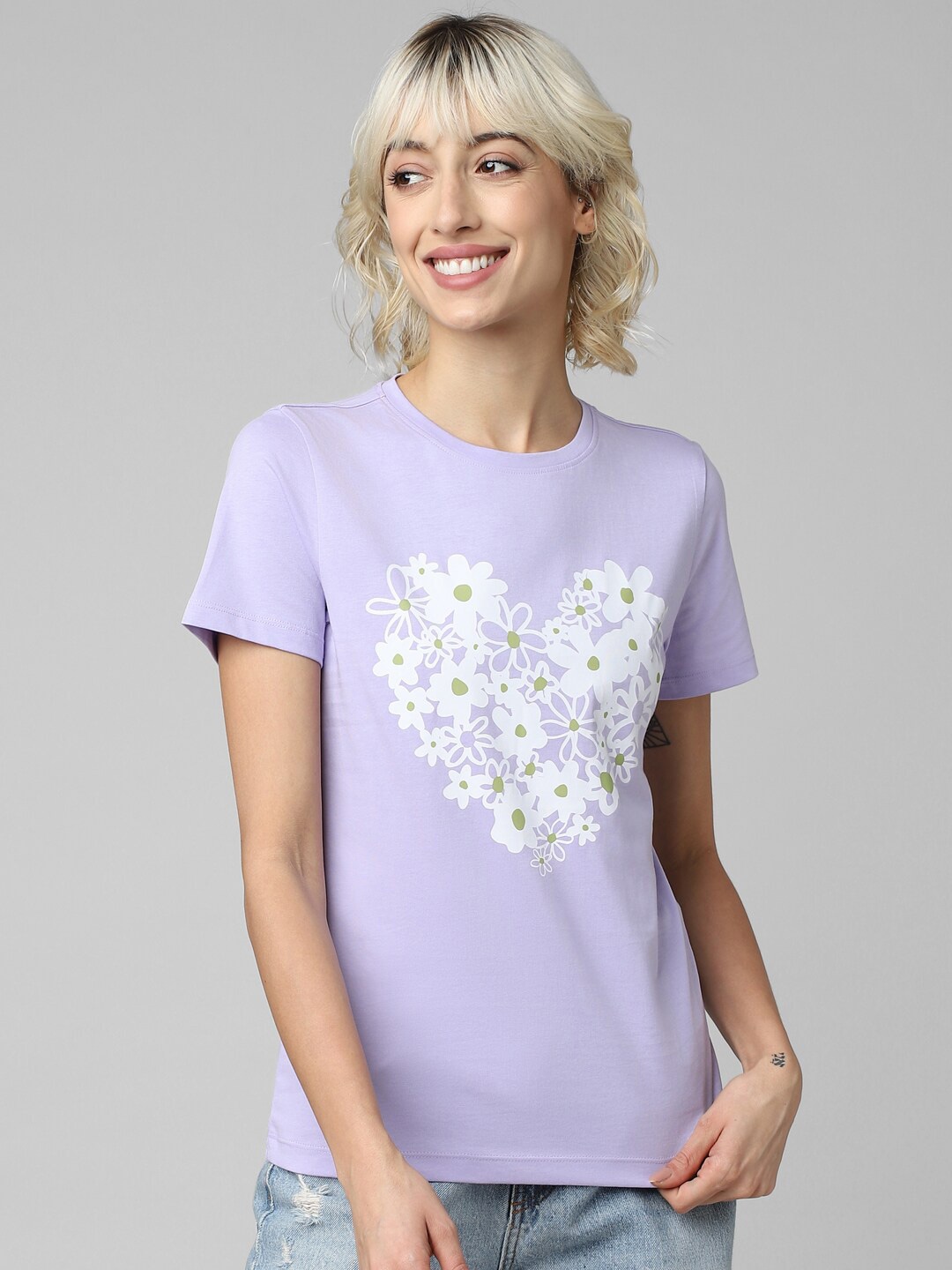 

ONLY Onljoyful Song SS Floral Printed Cotton T-shirt, Purple