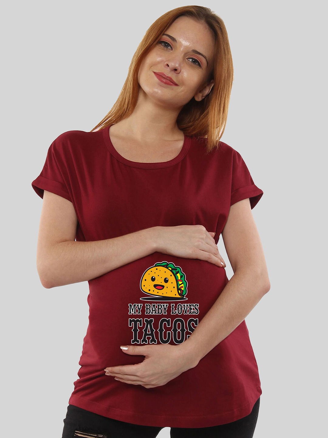 

SillyBoom Typography Printed Extended Sleeves Cotton Maternity T-shirt, Maroon