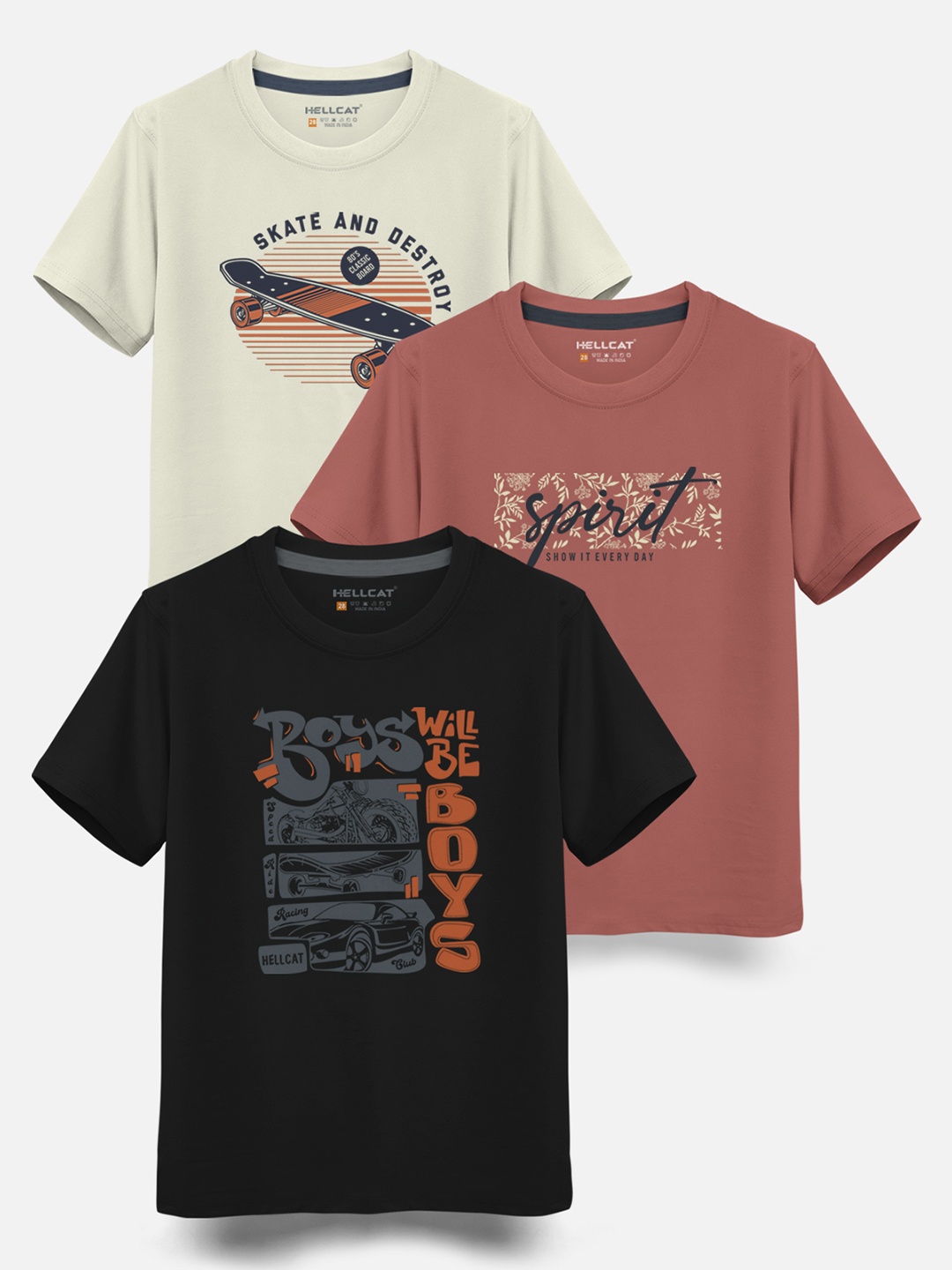 

HELLCAT Boys Pack Of 3 Printed Cotton T-shirt, Beige
