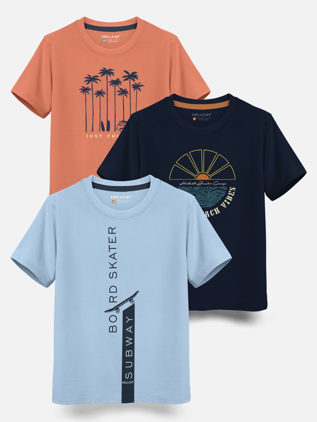 

HELLCAT Boys Pack Of 3 Printed Cotton T-shirt, Navy blue