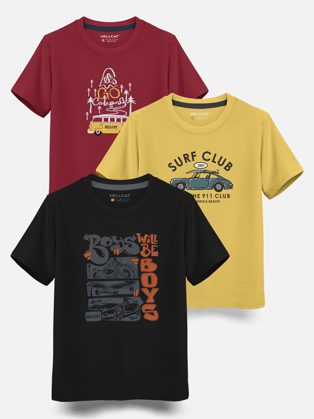 

HELLCAT Boys Pack Of 3 Printed Cotton T-shirt, Black