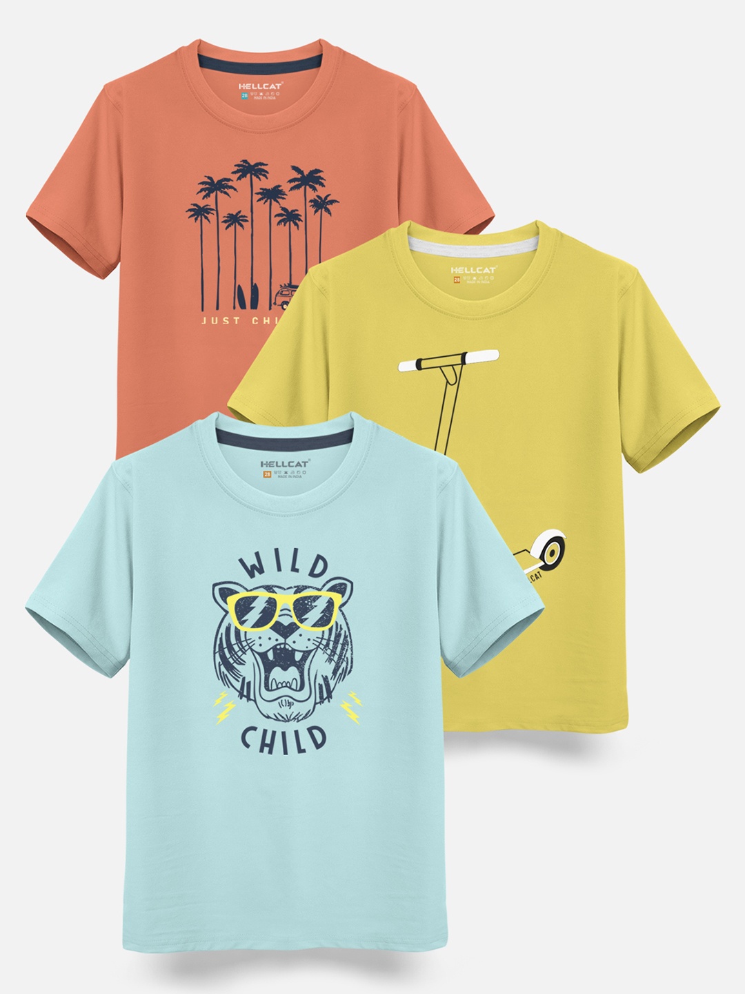 HELLCAT Boys Pack Of 3 Printed Cotton T-shirt, Orange