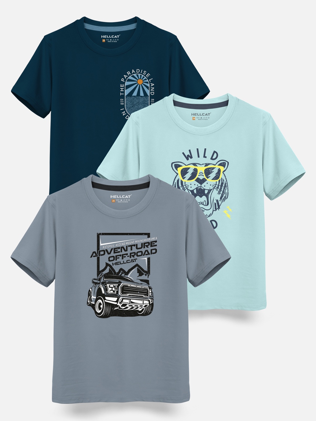 

HELLCAT Boys Pack Of 3 Printed Cotton T-shirt, Grey