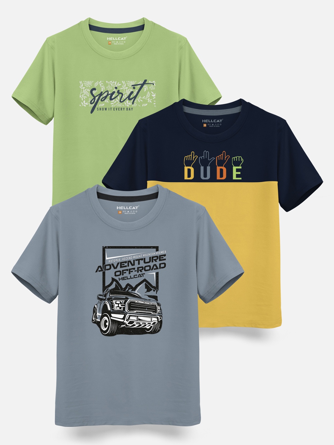 

HELLCAT Boys Pack Of 3 Printed Cotton T-shirt, Grey