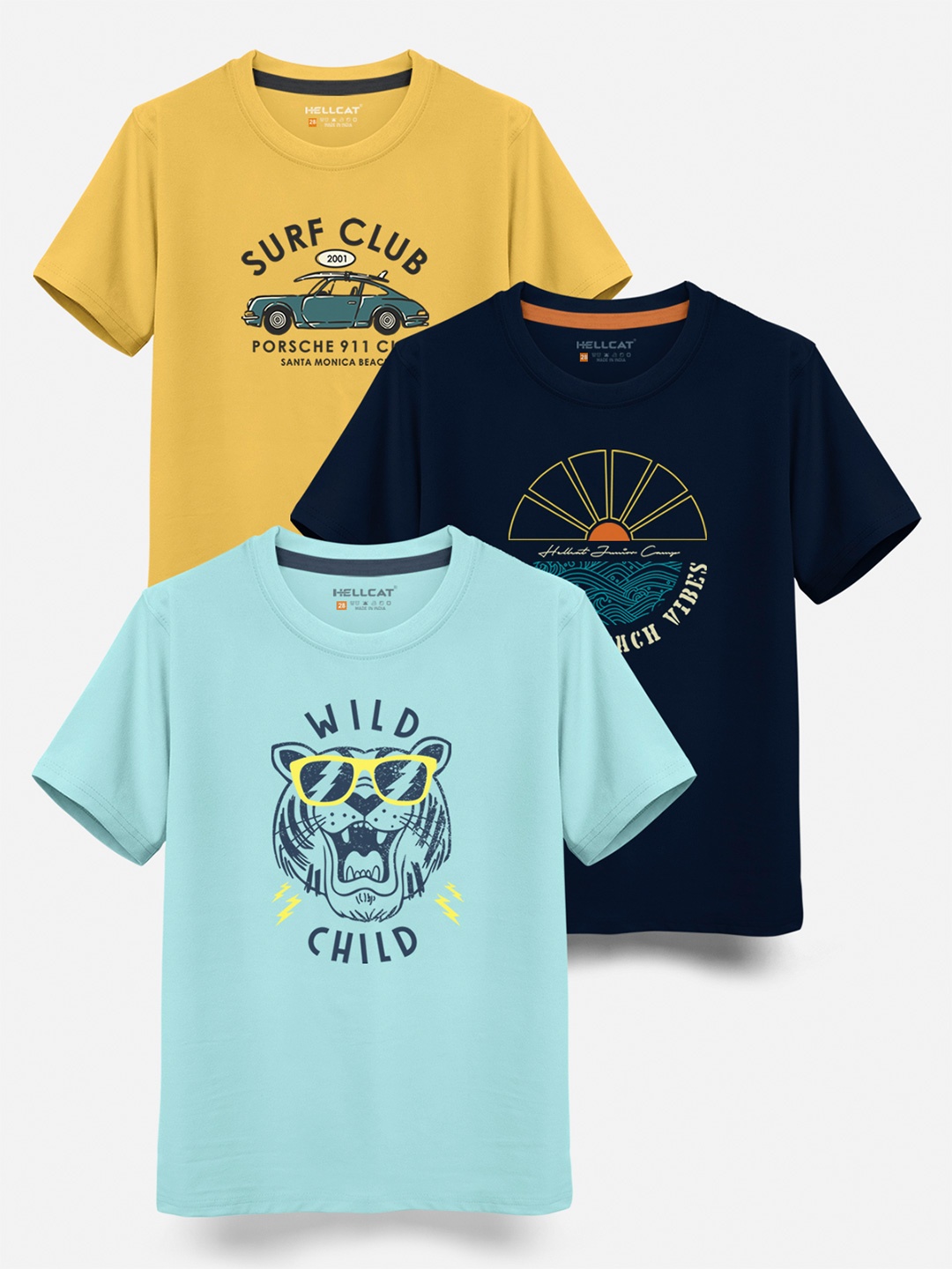 HELLCAT Boys Pack Of 3 Graphic Printed Cotton T-shirt, Mustard