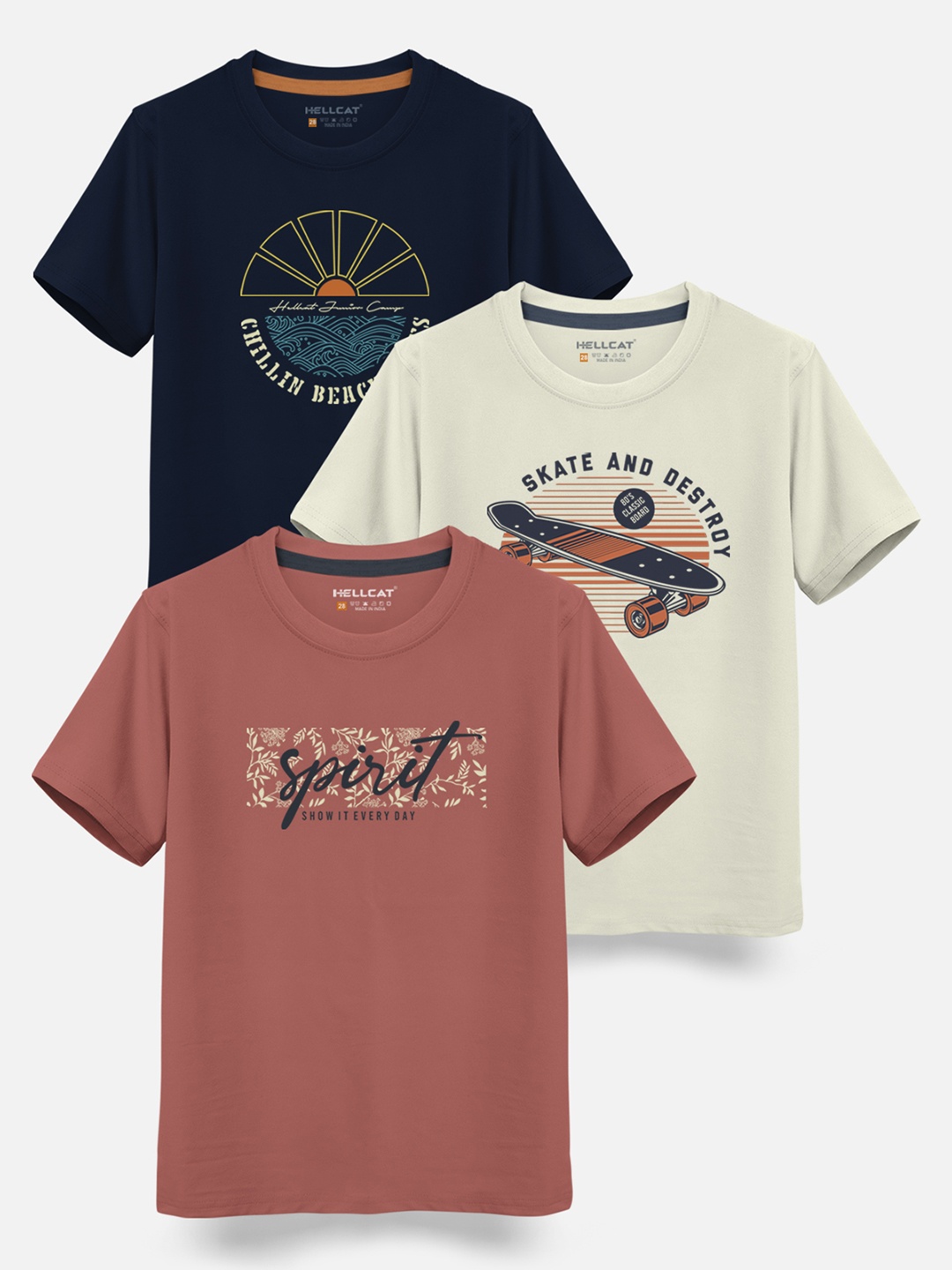 

HELLCAT Boys Pack Of 3 Printed Cotton T-shirt, Beige