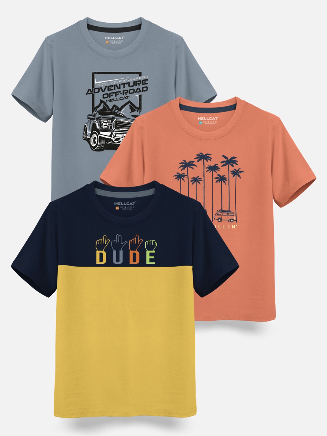 

HELLCAT Boys Pack Of 3 Printed Cotton T-shirt, Yellow