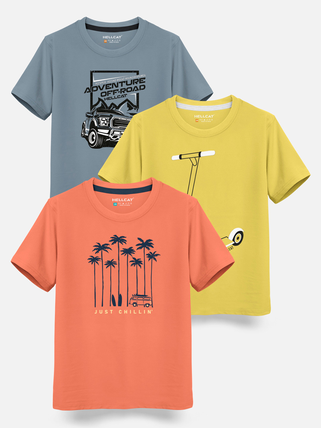 

HELLCAT Boys Pack Of 3 Printed Cotton T-shirt, Orange