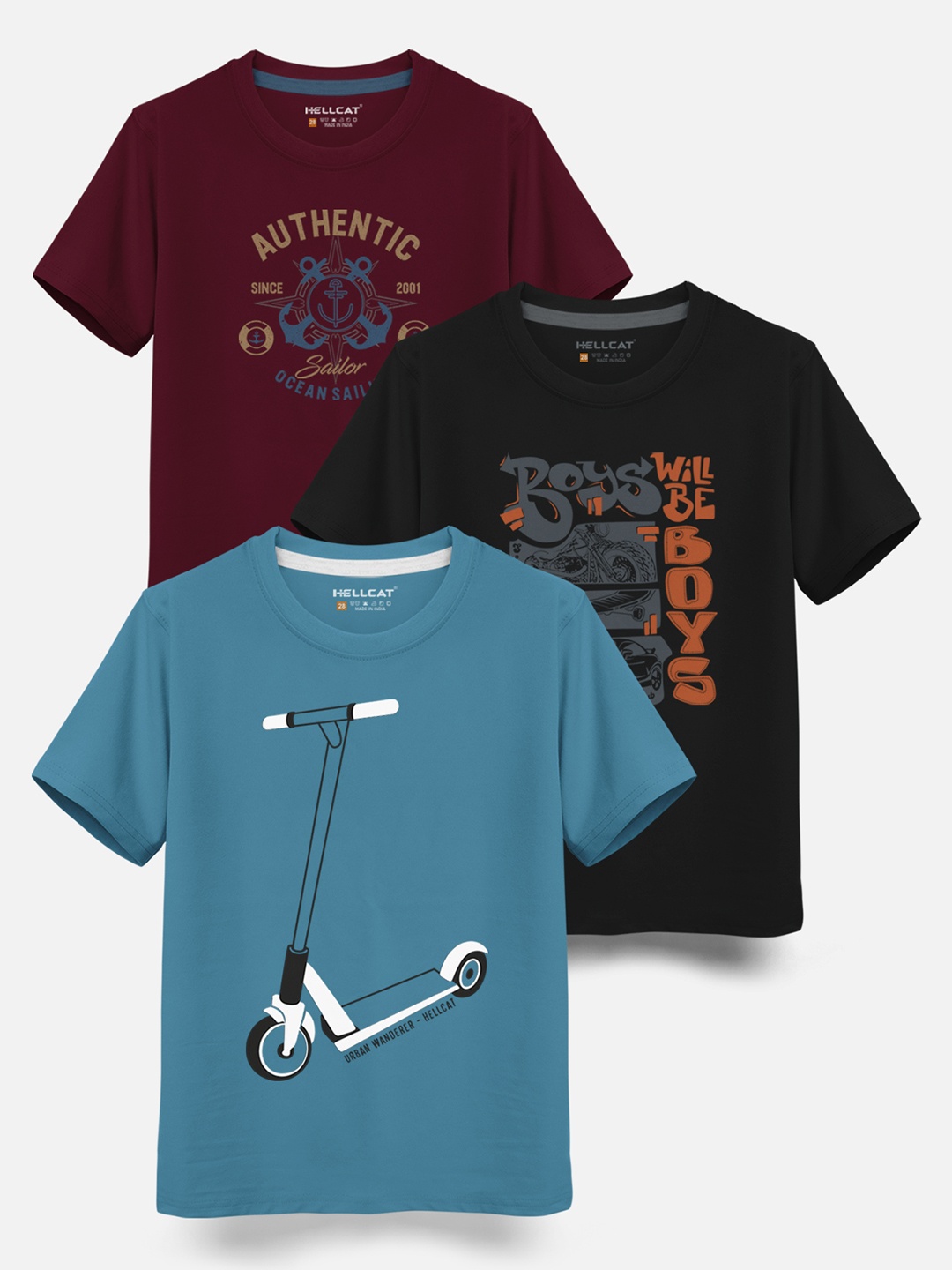 

HELLCAT Boys Pack Of 3 Printed Cotton T-shirt, Teal