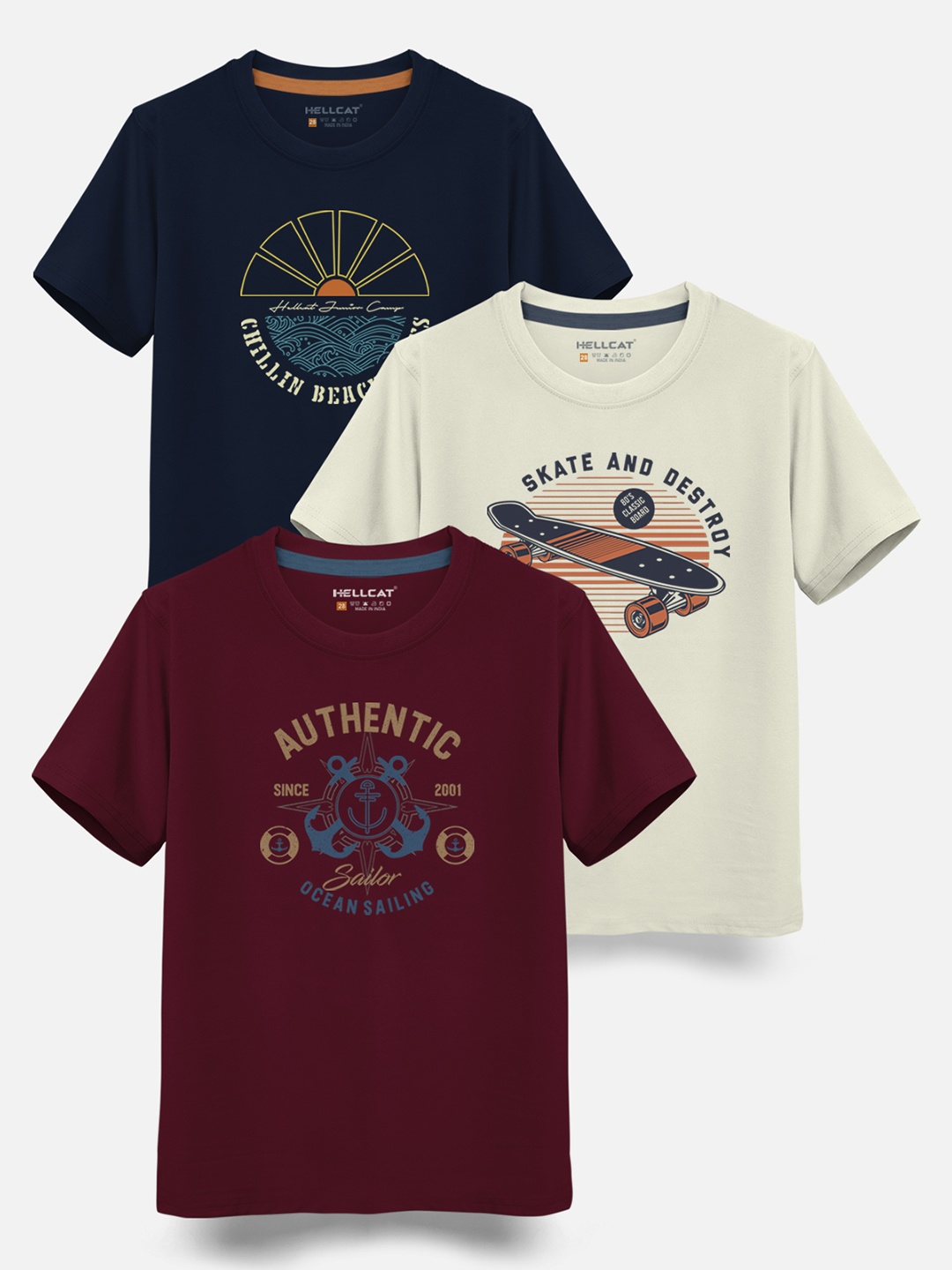 

HELLCAT Boys Pack Of 3 Printed Cotton T-shirt, Maroon