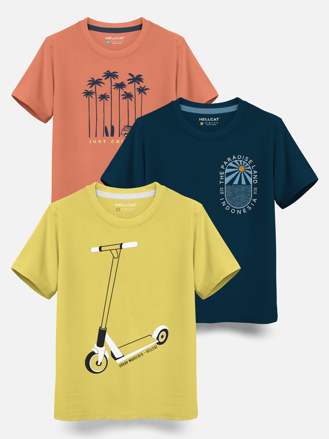 

HELLCAT Boys Pack Of 3 Printed Cotton T-shirt, Yellow