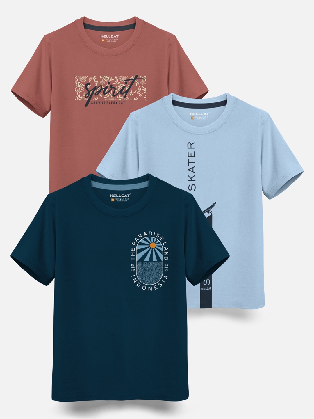 

HELLCAT Boys Pack Of 3 Printed Cotton T-shirt, Blue