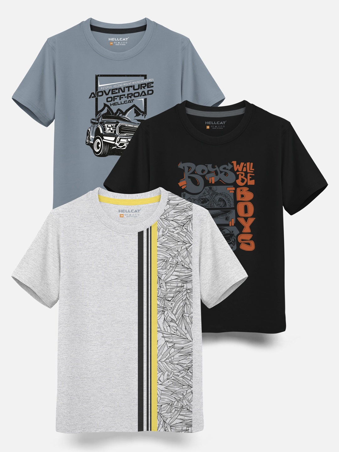 

HELLCAT Boys Pack Of 3 Printed Cotton T-shirt, White