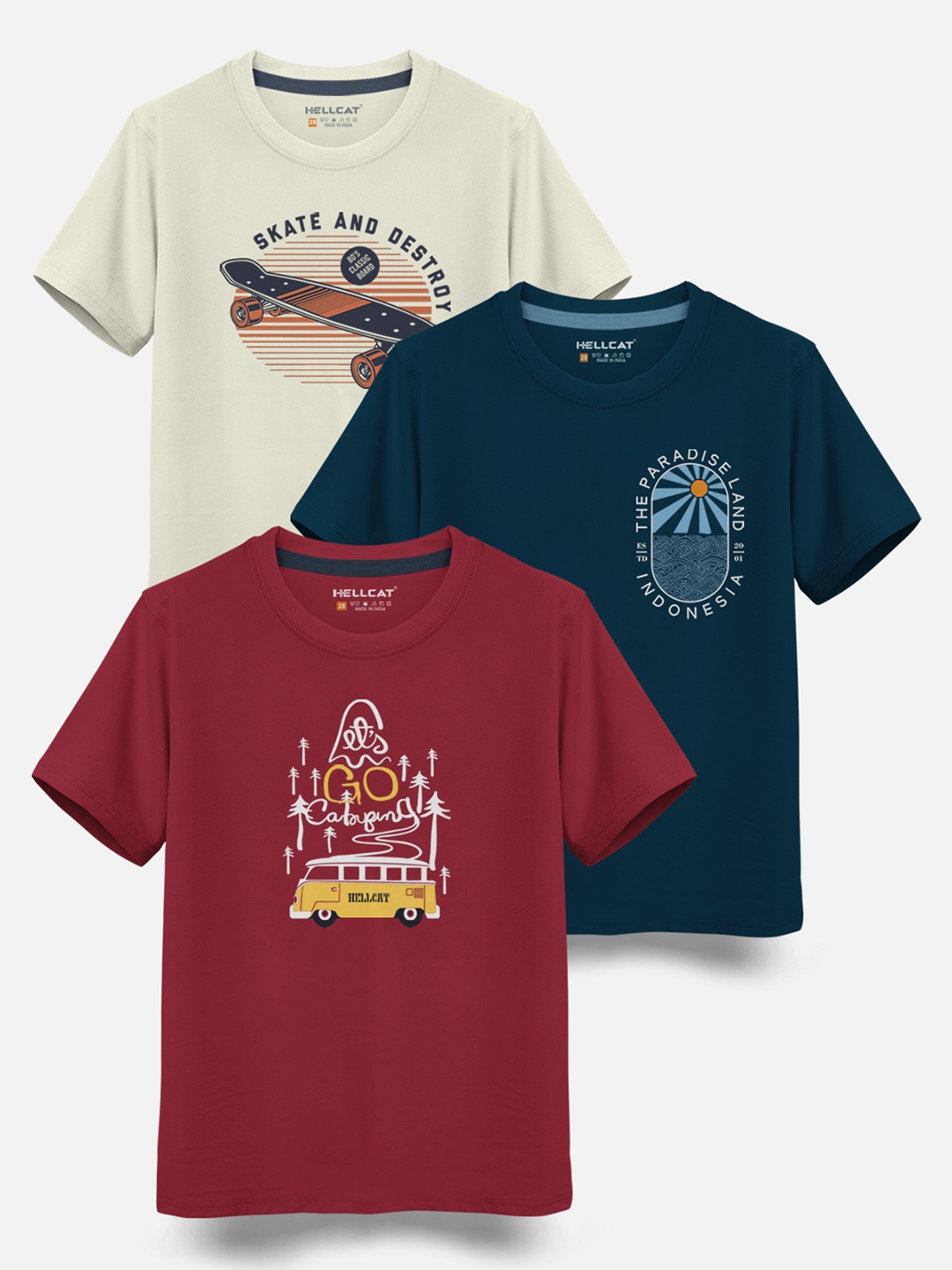 

HELLCAT Boys Pack Of 3 Printed Cotton T-shirt, Beige