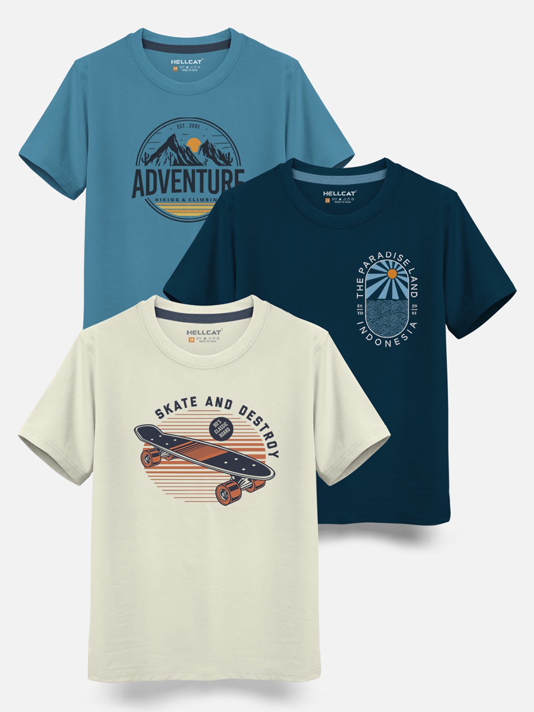 

HELLCAT Boys Pack Of 3 Printed Cotton T-shirt, Beige