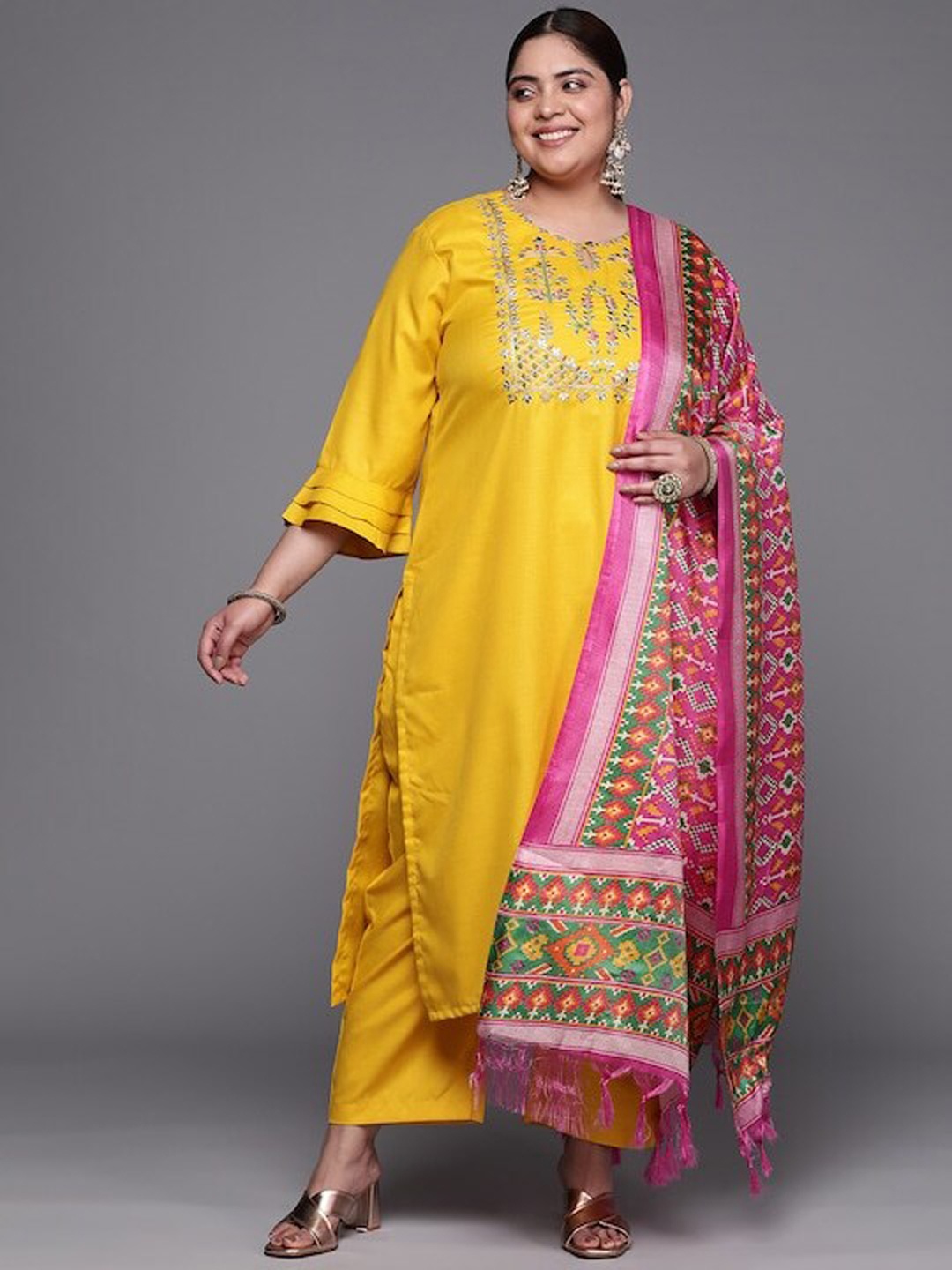 

Varanga Xtra Yoke Design Gotta Patti Pure Cotton Kurta With Trousers & Dupatta, Mustard