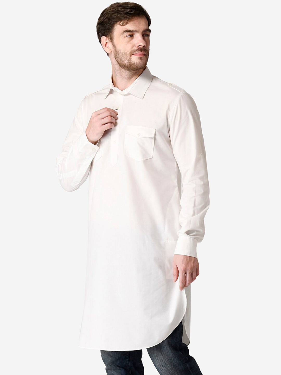 

TABARD Shirt Collar Curved Hem Pure Cotton Pathani Kurta, White