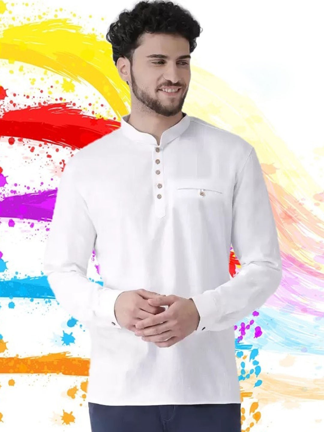 

TABARD Mandarin Collar Cuff Sleeves Curved Straight Cotton Kurta, White