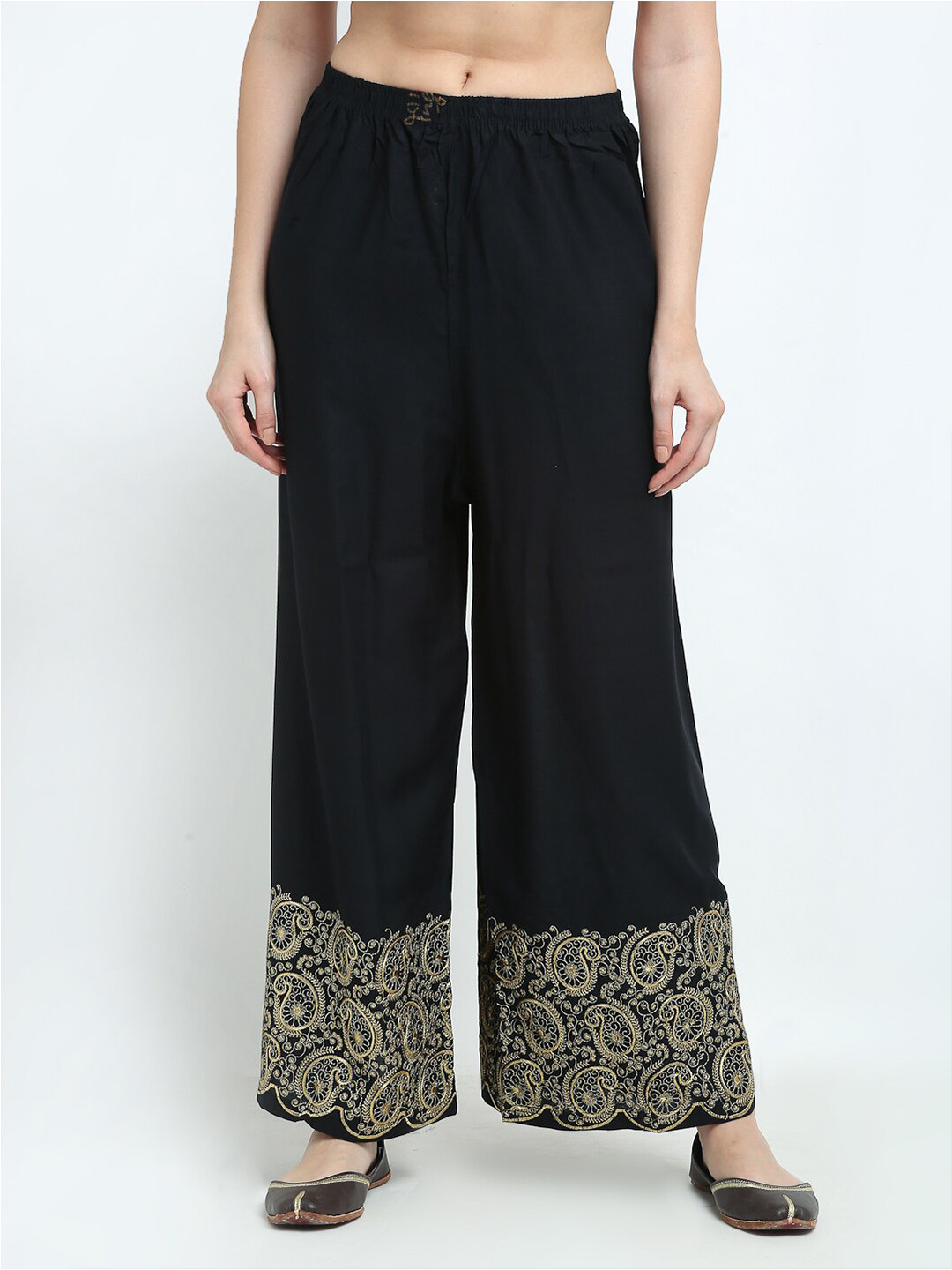 

TAG 7 Women Paisley Embroidered Flared Ethnic Palazzos, Black