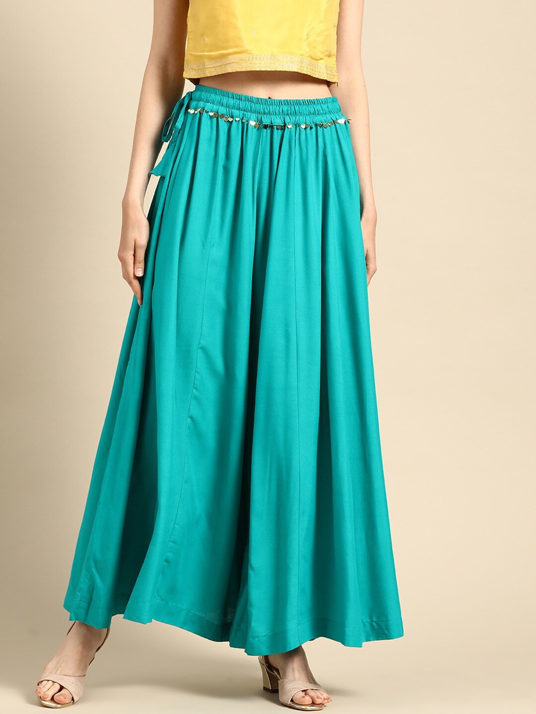 

TAG 7 Women Flared Ethnic Palazzos, Turquoise blue