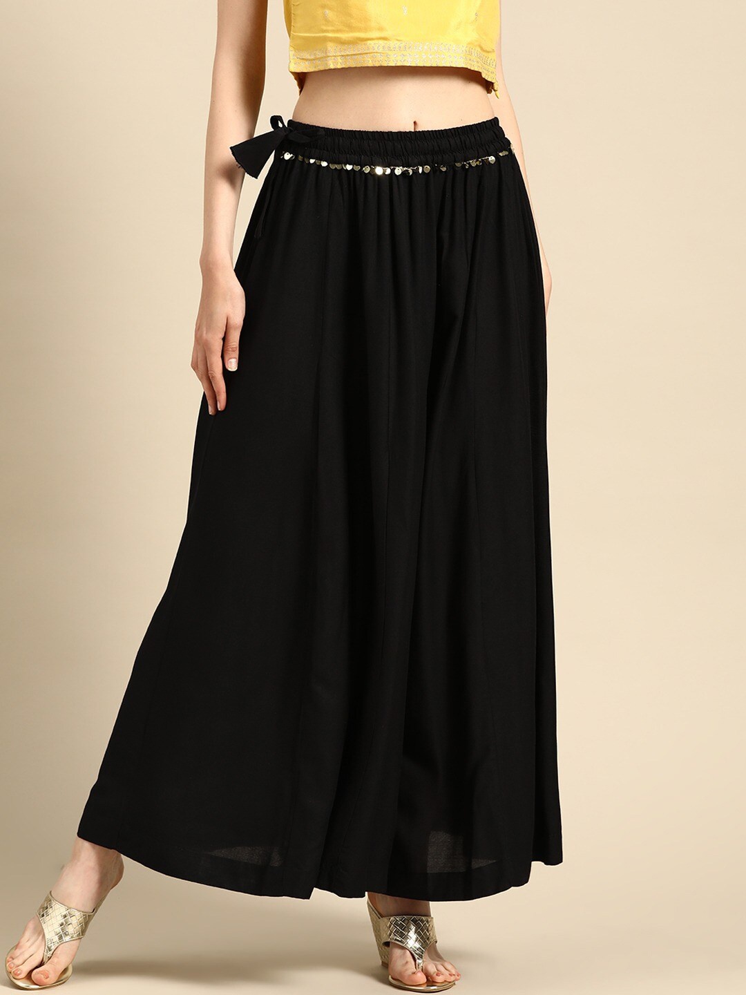 

TAG 7 Women Flared Ethnic Palazzos, Black