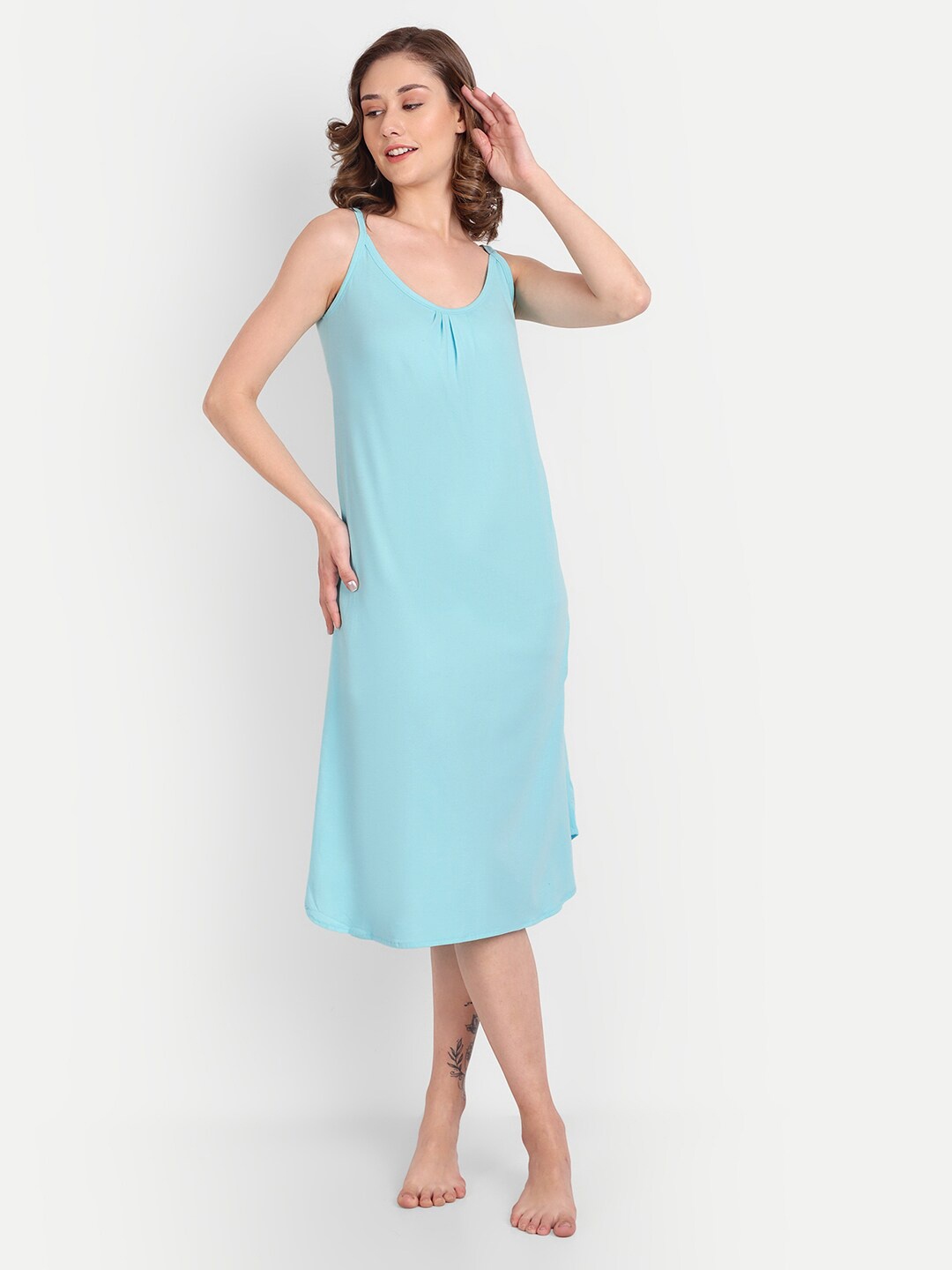 

BLAZON Scoop Neck Sleeveless Pure Cotton Midi Nightdress, Blue