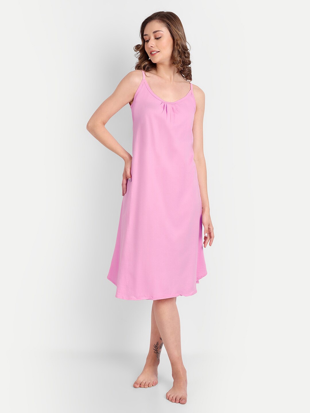 

BLAZON Scoop Neck Sleeveless Pure Cotton Midi Nightdress, Pink