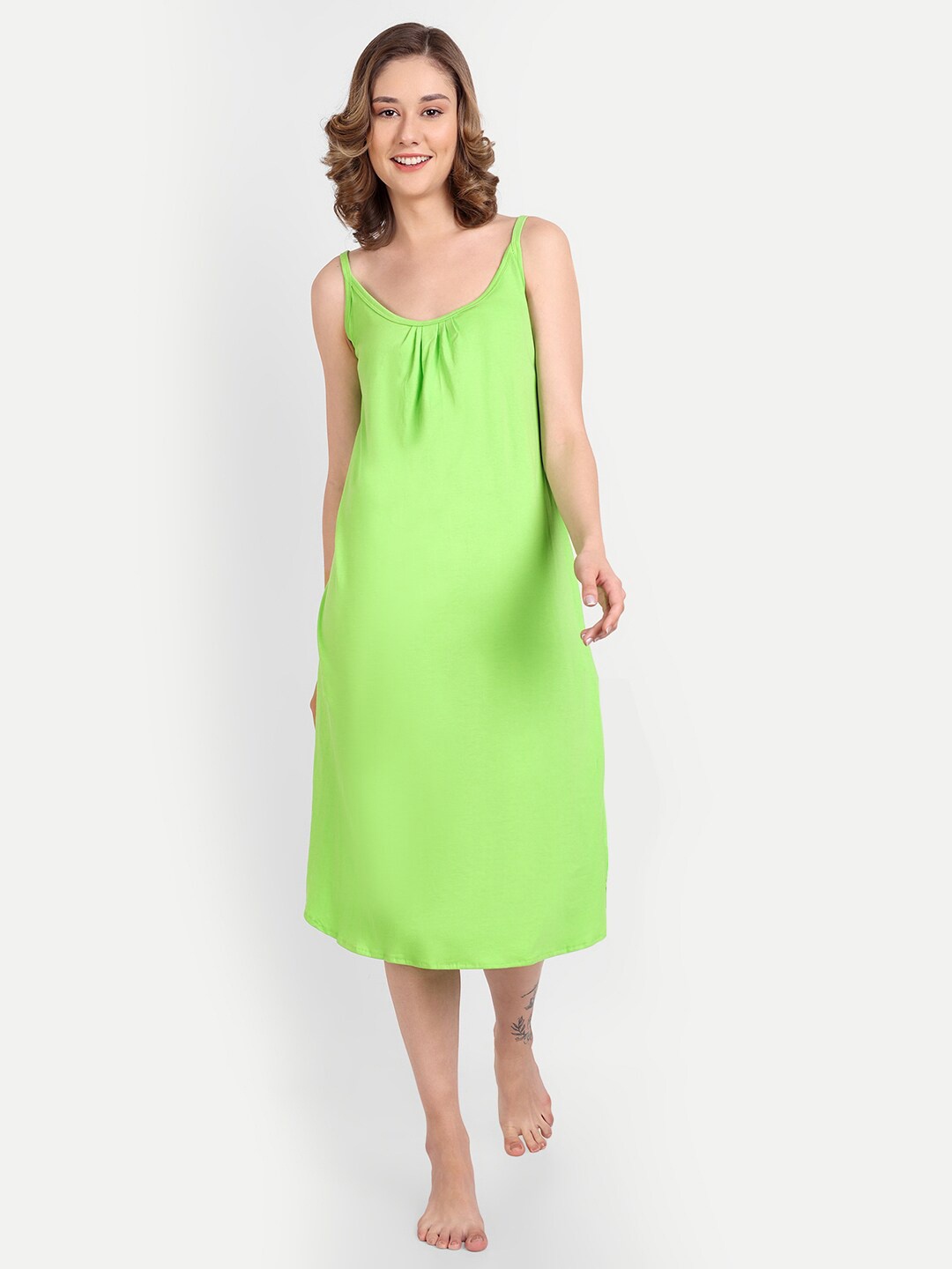 

BLAZON Plus Size Scoop Neck Pure Cotton Nightdress, Lime green