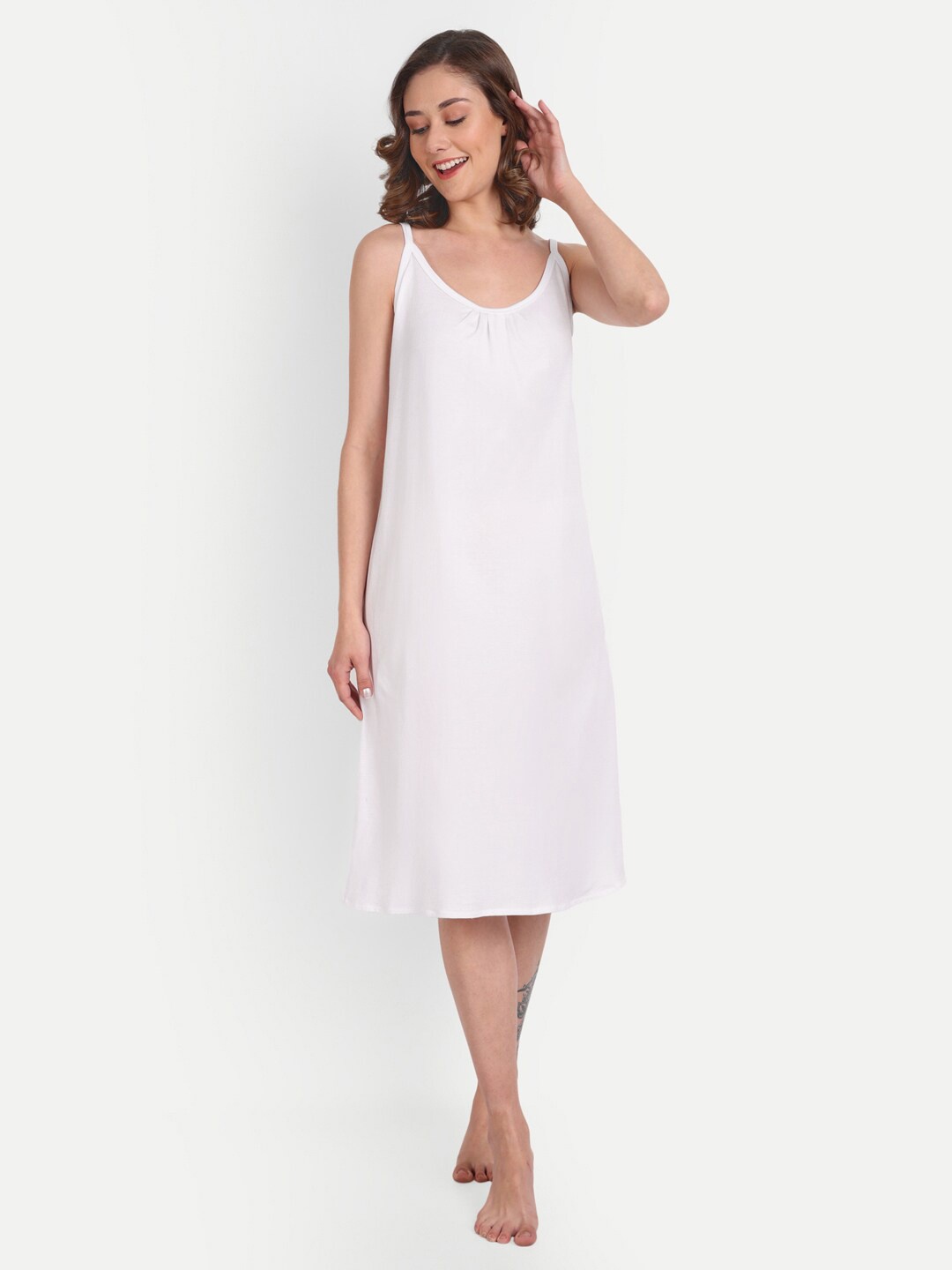 

BLAZON Scoop Neck Sleeveless Pure Cotton Midi Nightdress, White