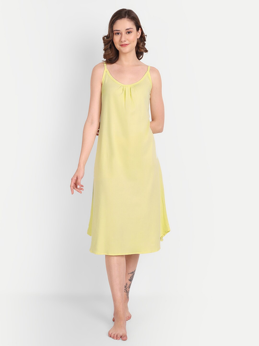 

BLAZON Scoop Neck Sleeveless Pure Cotton Nightdress, Yellow