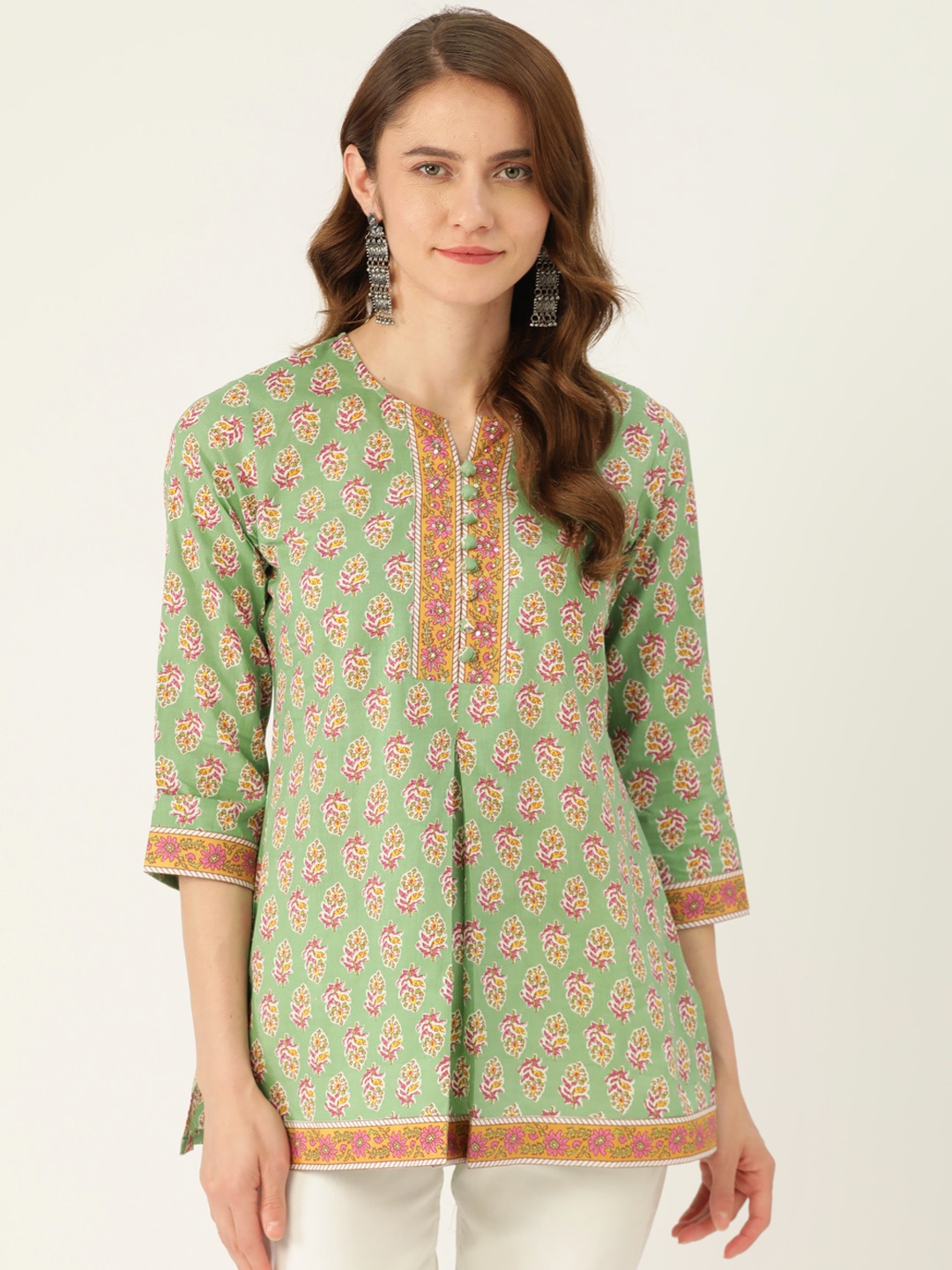 

Jaipur Morni Ethnic Motifs Printed Sequinned Pure Cotton Sequinned Kurti, Green