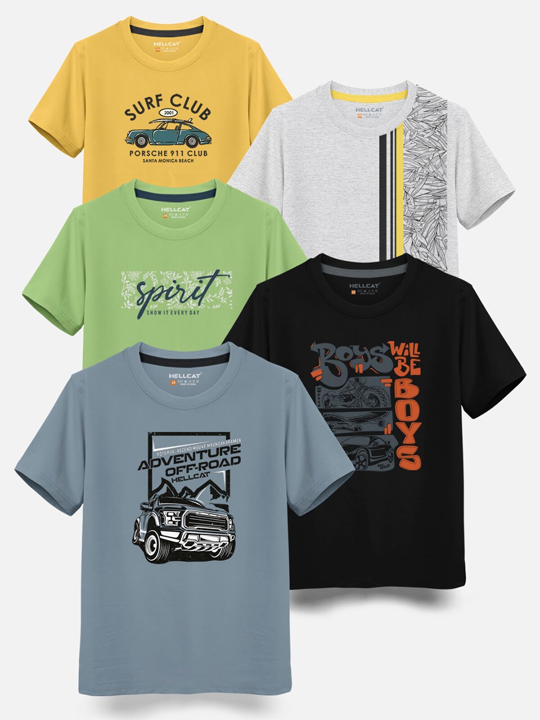 

HELLCAT Boys Pack Of 5 Typography Printed Cotton T-shirt, Green