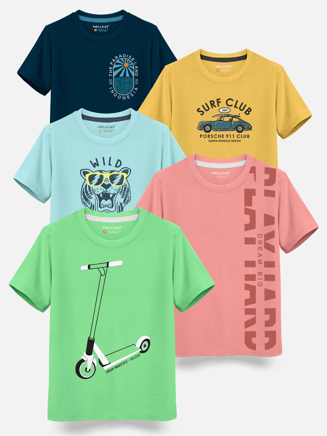 

HELLCAT Boys Pack Of 5 Typography Printed Cotton T-shirt, Green