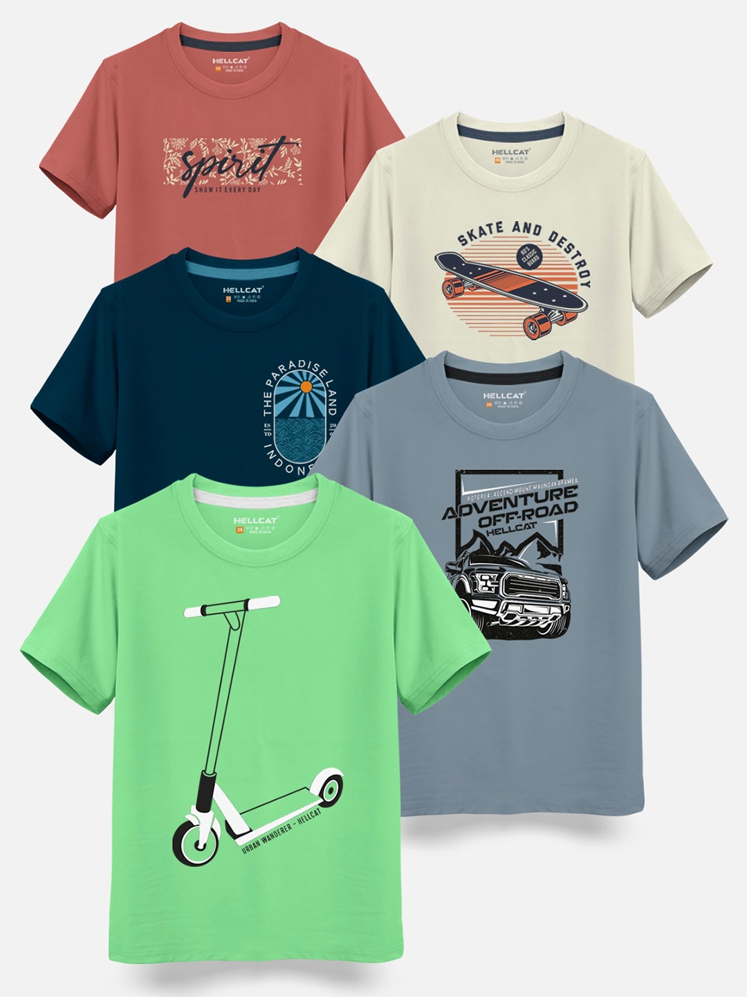 

HELLCAT Boys Pack Of 5 Printed Cotton T-shirt, Green