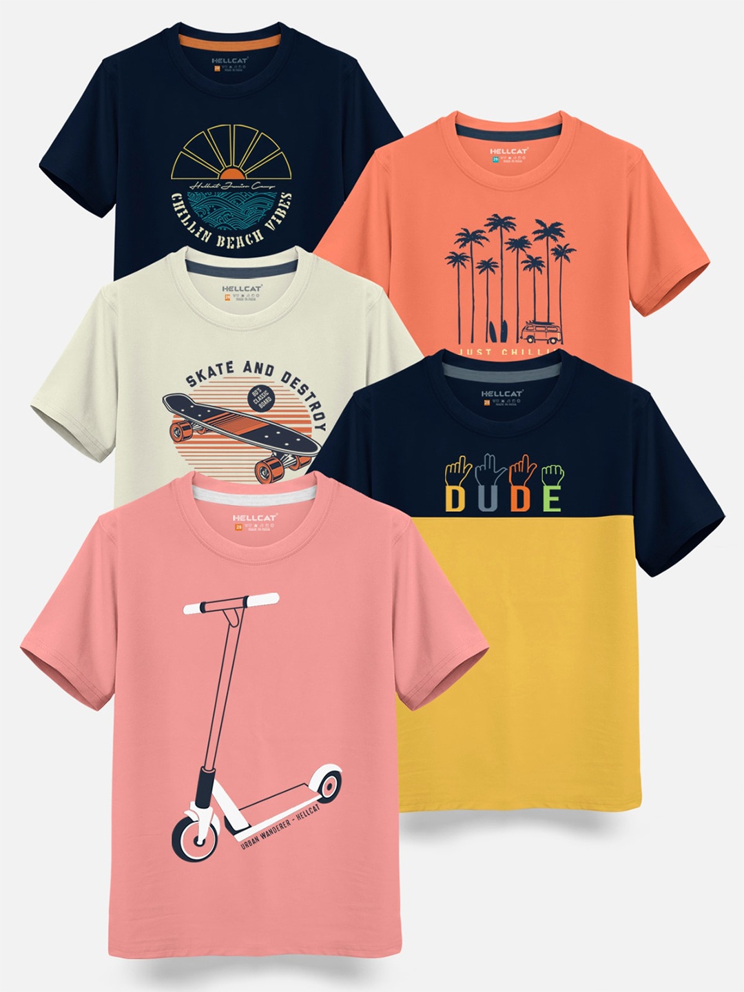 

HELLCAT Boys Pack Of 5 Printed Cotton T-shirt, Coral