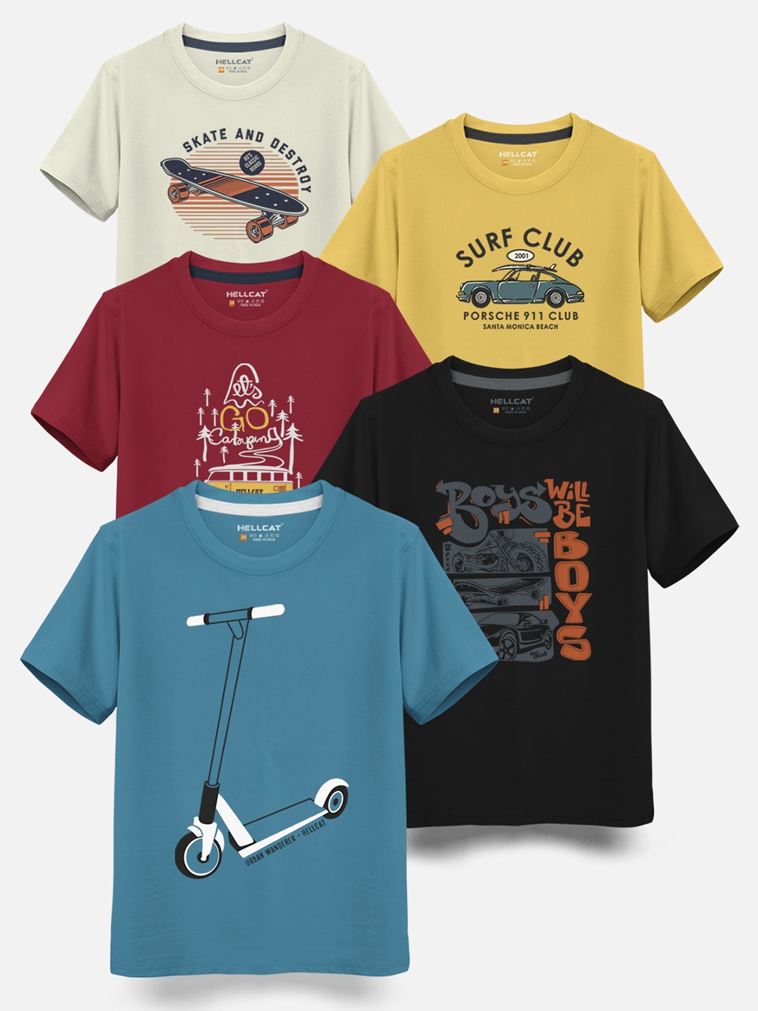 

HELLCAT Boys Pack Of 5 Graphic Printed Cotton T-shirt, Blue