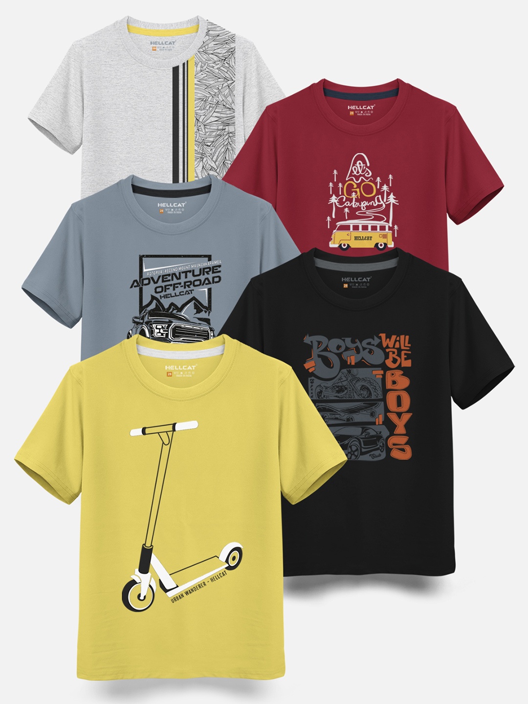 

HELLCAT Boys Pack Of 5 Graphic Printed Cotton T-shirt, Yellow