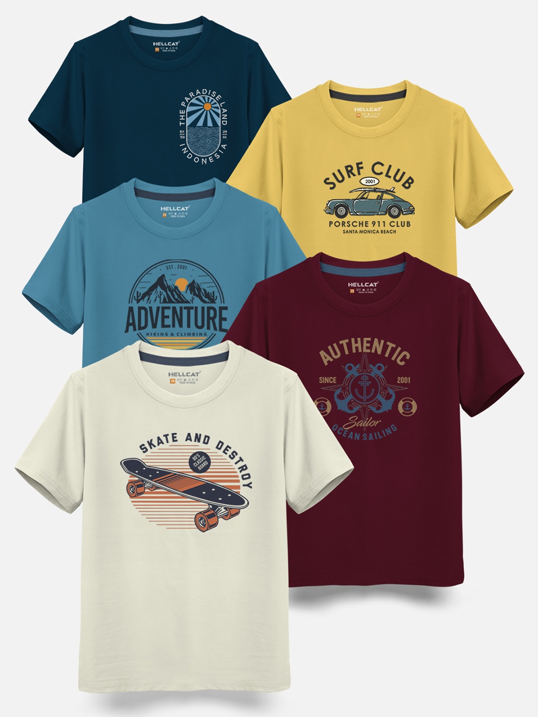 

HELLCAT Boys Pack Of 5 Graphic Printed Cotton T-shirt, Blue