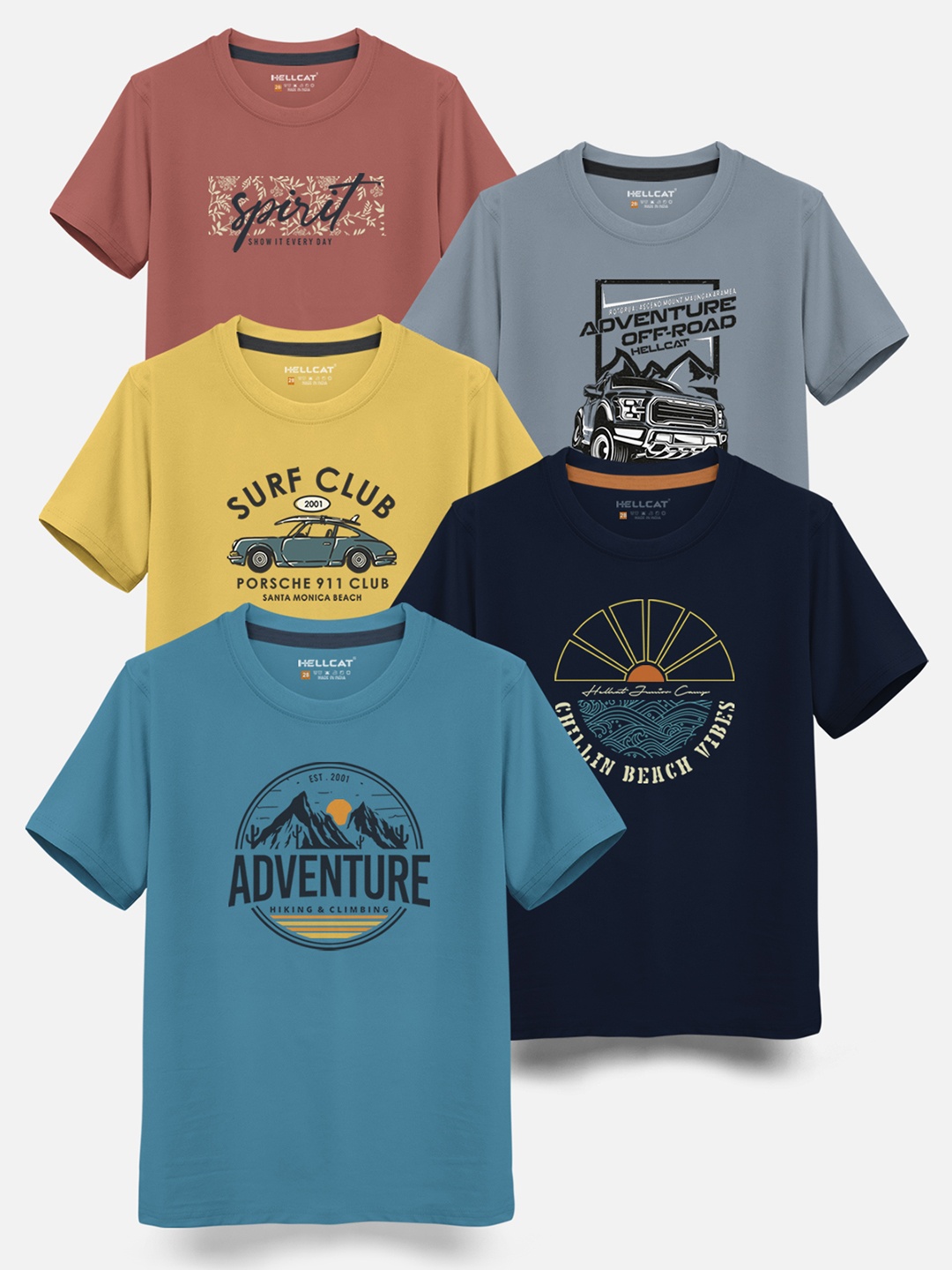 

HELLCAT Boys Pack Of 5 Graphic Printed Cotton T-shirt, Blue