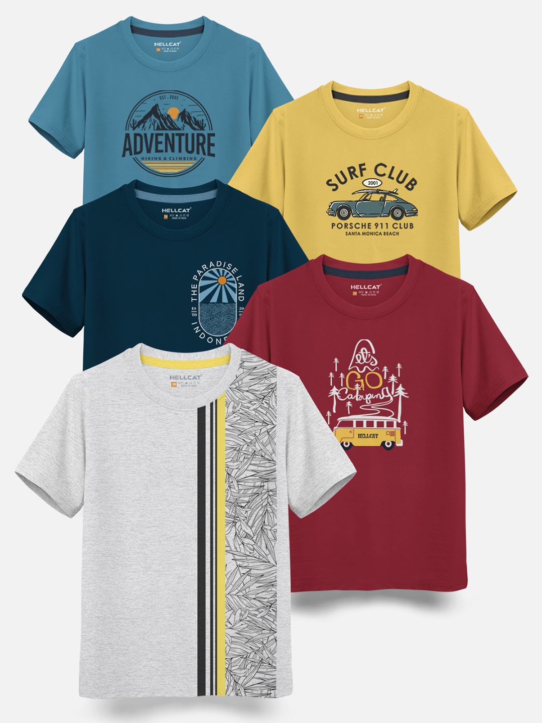 

HELLCAT Boys Pack Of 5 Graphic Printed Cotton T-shirt, Mustard