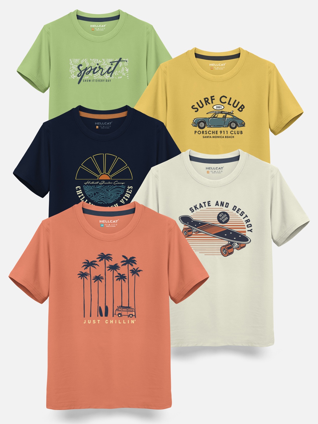 HELLCAT Boys Pack Of 5 Graphic Printed Cotton T-shirt, Orange