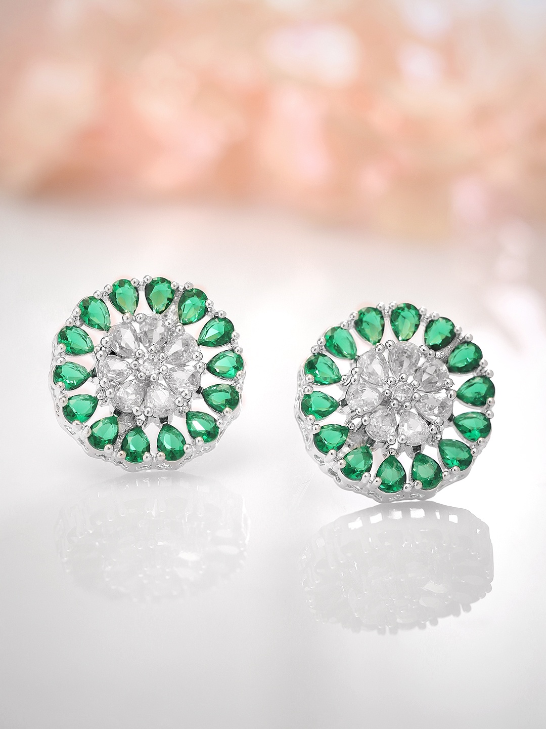 

Rubans Rhodium-Plated Emerald & White Cubic Zicronia Studded Circular Studs Earrings, Green